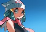  1girl bare_arms beanie black_shirt commentary hikari_(pokemon) eyelashes floating_scarf green_hair grey_eyes hair_ornament hairclip hat hyou_(hyouga617) long_hair looking_at_viewer open_mouth pink_scarf pokemon pokemon_(game) pokemon_dppt scarf shirt sleeveless sleeveless_shirt solo teeth tongue upper_body 