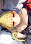  1girl blonde_hair breasts demon_girl demon_wings horns kamizaki_hibana large_breasts long_hair looking_at_viewer on_bed original red_eyes smile solo wings 