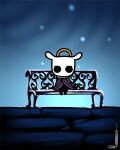  1girl animal_ears bench cloak fusion halo highres hollow_knight hololive hololive_english knight_(hollow_knight) loen looking_at_viewer mole mole_under_eye ninomae_ina&#039;nis purple_cloak sitting solo twitter_username weapon weapon_on_back 