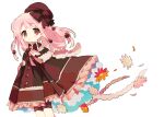  1girl brown_eyes brown_headwear brown_ribbon buttons closed_mouth flower frills hat magia_record:_mahou_shoujo_madoka_magica_gaiden magical_girl mahou_shoujo_madoka_magica momomotsu orange_flower pink_flower pink_hair pink_ribbon ribbon smile solo tamaki_ui white_background 