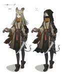  1girl animal_ears armor belt black_legwear boots dagger earrings fingerless_gloves full_body gloves green_eyes green_hair highres holding holding_dagger holding_weapon hood jewelry jun_(seojh1029) long_hair looking_at_viewer mask mouse_ears mouse_girl mouse_tail multiple_views original pouch scarf skirt solo tail tail_ornament translation_request weapon 