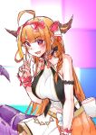  1girl absurdres ahoge arm_strap bangs blonde_hair bow breasts clothing_cutout dragon_girl dragon_horns dragon_tail fang hair_bow highres hololive horns idol_clothes kiryuu_coco large_breasts leaning_forward long_hair looking_at_viewer multicolored_hair navel navel_cutout open_mouth orange_hair orange_skirt red_bow ryoshi skin_fang skirt solo streaked_hair tail v virtual_youtuber wrist_cuffs 