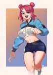  1girl artist_name breasts clenched_hand codemiko cropped_jacket denim denim_shorts english_commentary fang highres indie_virtual_youtuber looking_at_viewer medium_breasts navel open_hand open_mouth redhead short_shorts shorts snowcie solo violet_eyes virtual_youtuber wide_hips 