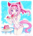  1girl :d animal_ears artist_name bangs blue_sky clouds cloudy_sky commentary dated day ear_covers eating food frilled_swimsuit frills fruit hair_intakes haru_urara_(umamusume) headband heart holding holding_food horizon horse_ears horse_girl horse_tail kuromori_yako looking_at_viewer notice_lines ocean one-piece_swimsuit open_mouth outdoors pink_eyes pink_hair pink_swimsuit ponytail red_headband sky smile solo sparkle spoken_heart standing striped striped_swimsuit swimsuit table tail umamusume watermelon wind 
