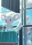  :d aircraft airplane airport artist_name brown_eyes clouds commentary_request day gen_5_pokemon highres luggage minccino no-goku_(penicillium) no_humans number open_mouth paws pokemon pokemon_(creature) sitting sky smile solo toes tongue window 