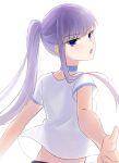  1girl absurdres back bangs blue_eyes blush breasts choker coffeekite contemporary fate/extra fate/extra_ccc fate_(series) highres long_hair looking_at_viewer looking_back meltryllis_(fate) open_mouth outstretched_arm ponytail purple_hair shirt short_sleeves small_breasts very_long_hair white_shirt 
