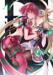  2girls blonde_hair breasts hinot jewelry large_breasts leggings long_hair multiple_girls mythra_(xenoblade) pantyhose pyra_(xenoblade) red_eyes redhead skindentation super_smash_bros. xenoblade_chronicles_(series) xenoblade_chronicles_2 yellow_eyes 