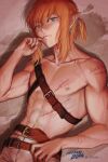  1boy artist_name belt blonde_hair collarbone copyright_name earrings hand_up highres jewelry lantam link long_hair looking_at_viewer male_focus parted_lips pointy_ears scar scar_on_stomach sidelocks standing the_legend_of_zelda the_legend_of_zelda:_breath_of_the_wild toned toned_male upper_body 
