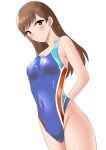  1girl arms_behind_back blue_swimsuit breasts brown_eyes brown_hair commentary_request competition_swimsuit cowboy_shot idolmaster idolmaster_cinderella_girls long_hair looking_at_viewer medium_breasts nitta_minami one-piece_swimsuit pachio simple_background solo standing swimsuit white_background 