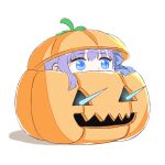  1girl bangs blue_eyes blue_ribbon blush chibi coffeekite fate/extra fate/extra_ccc fate_(series) hair_ribbon jack-o&#039;-lantern long_hair looking_at_viewer meltryllis_(fate) purple_hair ribbon spikes very_long_hair 