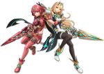  2girls 3d bangs black_gloves blonde_hair breasts chest_jewel dress earrings elbow_gloves eyebrows_visible_through_hair fingerless_gloves full_body gem gloves hair_ornament headpiece highres jewelry large_breasts long_hair looking_at_viewer multiple_girls mythra_(xenoblade) official_art pantyhose pyra_(xenoblade) red_eyes red_legwear red_shorts redhead short_hair short_shorts shorts simple_background smile super_smash_bros. swept_bangs thigh-highs thigh_strap tiara very_long_hair white_dress xenoblade_chronicles_(series) xenoblade_chronicles_2 yellow_eyes 