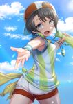  1girl :d armpits bangs bare_shoulders baseball_cap beckoning blue_eyes blush brown_hair from_behind gradient_eyes hat highres hololive jersey looking_at_viewer multicolored multicolored_eyes nisui_noki oozora_subaru open_mouth reaching_out shirt short_hair short_sleeves shorts smile solo striped striped_shirt swept_bangs twisted_torso two-tone_shirt vertical-striped_shirt vertical_stripes virtual_youtuber white_shirt white_shorts wristband yellow_shirt 
