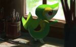  blurry brown_eyes commentary_request creature day gen_5_pokemon hand_up highres indoors looking_out_window no_humans one-hour_drawing_challenge paintbrush pokemon pokemon_(creature) pot rend snivy solo standing window 