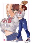  1girl baseball_jersey belly brown_eyes brown_hair choi_seol-hwa denim glasses highres jeans looking_to_the_side navel original pants photo-referenced shoes short_hair smile sneakers snowcie snowciel solo zoom_layer 