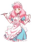  1girl :d aikatsu!_(series) aikatsu_friends! alternate_costume apron bangs blue_bow blunt_bangs blush bow breasts clipboard collar cropped_legs detached_collar drill_hair enmaided eyebrows_visible_through_hair frilled_apron frilled_hairband frills gradient_hair hair_bow hair_over_shoulder hairband holding holding_clipboard holding_pen large_breasts long_hair looking_at_viewer maid maid_headdress multicolored_hair neckerchief open_mouth orange_hair pen pink_hair puffy_short_sleeves puffy_sleeves sbs short_sleeves sideboob sideways_glance simple_background sketch smile solo waist_bow white_apron white_background white_collar white_neckwear white_wrist_cuffs yuuki_aine 