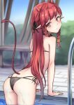  1girl arched_back arknights ass back bare_arms bare_shoulders bikini black_bikini braid day from_behind hair_ribbon horns looking_back multi-strapped_bikini outdoors pointy_ears poolside red_eyes redhead ribbon ryuinu sidelocks solo string_bikini swimsuit tail tail_raised twin_braids vigna_(arknights) vigna_(casual_vacation)_(arknights) 