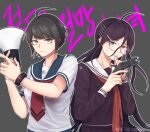  2girls ahoge antenna_hair bangs black_hair brown_hair closed_mouth commentary_request dangan_ronpa_(series) dangan_ronpa_another_episode:_ultra_despair_girls dated fukawa_touko glasses green_eyes gun hair_ornament hairclip highres holding holding_megaphone holding_weapon long_hair long_sleeves looking_at_viewer megaphone multiple_girls naegi_komaru open_mouth pleated_skirt purple_hair purple_shirt sailor_collar school_uniform serafuku shirt short_hair short_sleeves skirt sweatdrop taser teeth torn_neckerchief upper_body weapon white_shirt zezzubou45 