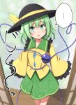  ... 1girl :o bangs blush collared_shirt commentary_request eyeball eyebrows_visible_through_hair feet_out_of_frame floral_print frilled_sleeves frills green_eyes green_hair green_skirt hat hat_ribbon heart heart_of_string highres indoors komeiji_koishi long_sleeves looking_at_viewer open_mouth ribbon shirt short_hair skirt solo spoken_ellipsis standing teoi_(good_chaos) third_eye touhou upturned_eyes wavy_hair wide_sleeves yellow_ribbon yellow_shirt 