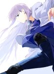  1girl bangs blue_eyes blue_pants blue_shirt breasts coffeekite contemporary fate/extra fate/extra_ccc fate_(series) highres jacket knee_pads long_hair long_sleeves looking_at_viewer meltryllis_(fate) open_clothes open_jacket pants purple_hair shirt small_breasts very_long_hair white_jacket 