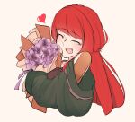  1girl bangs closed_eyes colorized flower gloves heart holding lagsa last_origin open_mouth purple_flower redhead smile t-3_leprechaun teeth tongue white_background 