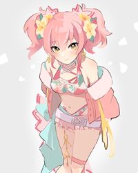  1girl bare_shoulders collarbone idolmaster idolmaster_cinderella_girls jacket jougasaki_mika long_sleeves looking_at_viewer navel nukawo open_clothes open_jacket pink_hair pink_jacket white_background yellow_eyes 