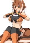  1girl absurdres animal_ears bare_shoulders blazblue blush boots breasts brown_eyes cellphone commentary_request fingerless_gloves gloves hair_between_eyes hands_together highres large_breasts makoto_nanaya mirano object_on_breast open_mouth phone sitting sitting_on_tail smartphone solo squirrel_ears squirrel_girl squirrel_tail tail thigh-highs thighhighs_under_boots under_boob 