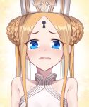  1girl abigail_williams_(fate) abigail_williams_(swimsuit_foreigner)_(fate) absurdres bangs bare_shoulders blonde_hair blue_eyes blush braid braided_bun breasts coffeekite double_bun fate/grand_order fate_(series) forehead highres keyhole long_hair looking_at_viewer mitre open_mouth parted_bangs sidelocks small_breasts swimsuit tearing_up twintails very_long_hair white_headwear white_swimsuit 
