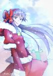  1girl bangs bell blue_eyes blue_sky bow box breasts christmas coffeekite dress fate/extra fate/extra_ccc fate_(series) fur-trimmed_dress fur_trim gift gift_box hat hood hood_down jingle_bell long_hair long_sleeves looking_at_viewer meltryllis_(fate) ponytail purple_hair red_bow red_dress red_headwear santa_costume santa_hat sky small_breasts smile snowing very_long_hair 