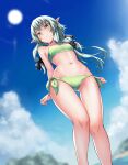  1girl absurdres bare_arms bare_shoulders bikini black_bow blue_sky bow clouds day elf from_below goblin_slayer! green_bikini green_eyes green_hair hair_bow high_elf_archer_(goblin_slayer!) highres long_hair looking_at_viewer navel outdoors pointy_ears ryuinu side-tie_bikini sky smile solo standing sun swimsuit thigh_gap 