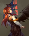  1girl ass bat_wings black_skirt black_vest closed_mouth fingernails from_behind head_wings inishie_kumo koakuma long_hair long_sleeves looking_at_viewer looking_back nail_polish red_eyes red_nails redhead shirt skirt smile solo spread_wings standing touhou vest white_shirt wings 