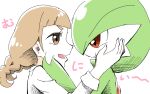  2girls :t bangs blunt_bangs bob_cut braid brown_eyes brown_hair cheek_pinching closed_mouth collared_shirt colored_skin commentary_request eye_contact from_side gardevoir gen_3_pokemon green_hair green_skin hair_over_one_eye hand_on_another&#039;s_cheek hand_on_another&#039;s_face hands_up happy long_hair long_sleeves looking_at_another muguet multicolored multicolored_skin multiple_girls open_mouth original pinching pokemon pokemon_(creature) profile red_eyes shiny shiny_hair shirt short_hair sidelocks simple_background sketch smile translation_request twin_braids two-tone_skin white_background white_shirt white_skin yuri 