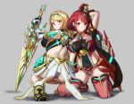  2girls ass back bangs bare_shoulders black_gloves blonde_hair blush breasts chest_jewel covered_navel dress earrings elbow_gloves fingerless_gloves gloves highres ippers jewelry kneeling large_breasts long_hair looking_at_viewer looking_back multiple_girls mythra_(xenoblade) pyra_(xenoblade) red_eyes red_legwear red_shorts redhead short_dress short_hair short_shorts shorts smile squatting super_smash_bros. swept_bangs sword thigh-highs thigh_strap tiara weapon white_dress white_footwear white_gloves xenoblade_chronicles_(series) xenoblade_chronicles_2 yellow_eyes 