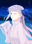  1girl bangs blue_eyes blue_ribbon blush breasts coffeekite fate/extra fate/extra_ccc fate_(series) hair_ribbon highres long_hair long_sleeves looking_at_viewer meltryllis_(fate) night night_sky one_eye_closed open_mouth purple_hair ribbon sky small_breasts snowing sweater turtleneck turtleneck_sweater very_long_hair white_sweater 