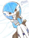  1girl armor bangs blue_hair blue_skin blue_skirt bob_cut breastplate brown_gloves buttons clothed_pokemon clouds collared_shirt colored_skin commentary_request diamond_(shape) dutch_angle gardevoir gen_3_pokemon gloves hair_between_eyes hand_on_own_cheek hand_on_own_face hand_up health_bar knees_together_feet_apart looking_at_viewer miniskirt muguet multicolored multicolored_skin open_mouth orange_eyes outdoors pencil_skirt pokemon pokemon_(creature) puffy_short_sleeves puffy_sleeves sheath sheathed shirt short_hair short_sleeves simple_background sitting skirt solo sparkle speech_bubble straight-on sword two-tone_skin weapon white_background white_shirt white_skin 