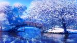  1girl architecture black_hair blue_sky bridge bush commentary_request crack day east_asian_architecture fantasy hakama highres ice japanese_clothes kimono landscape miko original outdoors ponytail railing reflection scenery sky smile_(qd4nsvik) snow solo standing tree water winter 