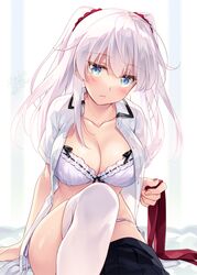  1girl blue_eyes bra breasts highres large_breasts long_hair looking_at_viewer motomiya_mitsuki original panties school_uniform silver_bra silver_hair silver_panties solo thigh-highs underwear undressing white_legwear 