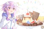  2girls blanc blush breasts brown_hair cherry chibi choujigen_game_neptune clenched_hand d-pad d-pad_hair_ornament dress food fruit gift hair_between_eyes hair_ornament heart holding holding_spoon hood hooded_jacket ice_cream jacket medium_hair multiple_girls neptune_(neptune_series) neptune_(series) pudding purple_hair ray_726 smile solo_focus sparkling_eyes spoon surprised upper_body usb valentine violet_eyes whipped_cream white_dress white_jacket yuri 