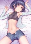  1girl absurdres armpits arms_up bare_shoulders bed_sheet black_hair black_panties black_shirt blue_shorts breasts denim denim_shorts grey_eyes highres long_sleeves looking_at_viewer lying midriff navel on_back on_bed open_clothes open_fly open_shirt original panties parted_lips ryuinu see-through shirt short_hair short_shorts shorts sleeveless sleeveless_turtleneck small_breasts solo spread_legs stomach thighs turtleneck underwear white_shirt 