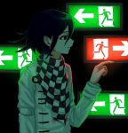  1boy bangs black_background black_hair checkered checkered_scarf closed_mouth dangan_ronpa_(series) dangan_ronpa_v3:_killing_harmony double-breasted from_side hair_between_eyes hand_up index_finger_raised light long_sleeves male_focus ouma_kokichi profile renshu_usodayo scarf short_hair sign solo straitjacket upper_body 