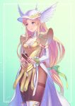  1girl anbe_yoshirou armor blue_eyes blusg chocolate dress helmet highres horns long_hair looking_at_viewer low-tied_long_hair pantyhose polearm riesz seiken_densetsu seiken_densetsu_3 simple_background single_horn solo weapon winged_helmet 