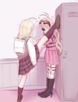  2girls absurdres ahoge akamatsu_kaede antenna_hair arms_at_sides backpack bag bangs black_legwear blonde_hair blue_eyes blush boots breasts c01a_(cola) commentary dangan_ronpa_(series) dangan_ronpa_v3:_killing_harmony foot_against_wall gloves goggles goggles_on_head hands_on_own_face high_heels highres iruma_miu kneehighs leg_up long_hair long_sleeves multiple_girls o-ring o-ring_bottom pink_shirt pink_skirt pleated_skirt randoseru school_uniform shirt shoes skirt standing thigh_strap wall_slam white_shirt yuri 