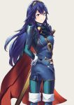  1girl ameno_(a_meno0) blue_eyes blue_hair cape fingerless_gloves fire_emblem fire_emblem_awakening gloves highres light_blush long_hair looking_at_viewer looking_back lucina_(fire_emblem) simple_background smile solo sword symbol-shaped_pupils tiara weapon 