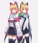  2girls absurdres blonde_hair blue_archive cat_ear_headphones commentary_request green_eyes haeil2 headphones highres jacket looking_at_viewer midori_(blue_archive) momoi_(blue_archive) multiple_girls open_mouth red_eyes ribbon short_hair siblings sidelocks simple_background thigh-highs twintails white_background 