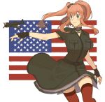  1girl aircraft aircraft_request airplane american_flag anchor black_dress black_gloves breast_pocket brown_hair choker commentary_request cowboy_shot dress fingerless_gloves flag_background gloves grey_eyes hair_between_eyes hair_ornament highres kantai_collection pocket ponytail red_legwear remodel_(kantai_collection) saratoga_(kancolle) side_ponytail sidelocks smokestack smokestack_hair_ornament solo sukekiyo_(skky_0) thigh-highs white_background 
