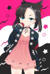  asymmetrical_bangs bangs black_choker black_hair black_jacket black_nails choker dress earrings green_eyes hair_ribbon highres jacket jewelry marnie_(pokemon) medium_hair nail_polish open_clothes open_jacket pink_dress poke_ball pokemon pokemon_(game) pokemon_swsh ponpeex red_ribbon ribbon twintails 