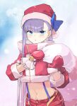  1girl bangs blue_bow blue_eyes blush bow breasts christmas coffeekite fate/extra fate/extra_ccc fate_(series) fur_trim hair_bow hat highres long_hair long_sleeves looking_at_viewer meltryllis_(fate) merry_christmas midriff mittens navel purple_hair red_headwear red_skirt sack santa_costume santa_hat skirt small_breasts snowing suspenders very_long_hair 