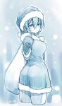  1girl alternate_costume bag bangs blush breasts commentary_request hair_between_eyes hat highres hololive looking_at_viewer monochrome night nosir_onadat roboco-san santa_costume santa_hat short_hair snow solo virtual_youtuber 