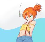  1girl arms_behind_back bare_shoulders breasts child crop_top denim denim_shorts highres hypnosis leaning_back looking_at_object midriff mind_control misty_(pokemon) off_shoulder orange_hair pendulum pokemon pokemon_(anime) pokemon_(classic_anime) shorts side_ponytail small_breasts solo spiral_eyes suspender_shorts suspenders thekinkyfinn two-tone_background 