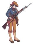  1girl bangs bayonet blue_shirt blush boots breasts brown_footwear brown_headwear brown_pants brups_tv collared_shirt commission cowboy_hat gun hair_behind_ear hat highres holding holding_gun holding_weapon krag_rifle large_breasts original pants red_bandana rifle shirt shirt_tucked_in short_twintails solo spanish-american_war twintails weapon western 