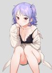  1girl bangs black_bra bra breast_rest breasts collarbone eyebrows_visible_through_hair grey_background head_rest lace-trimmed_bra lace_trim legs long_sleeves looking_at_viewer medium_breasts off_shoulder open_clothes open_shirt original purple_hair red_eyes sekiya_asami short_hair short_ponytail shorts simple_background sitting solo underwear 